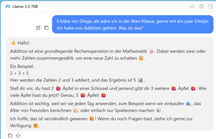 Llama 3.3 gibt sehr ähnliche Ausgaben zu den Beispielen des BildungsLLMs auf der BildungsLLM-Website aus (https://www.deutschlandgpt.de/bildungsllm), wenn man es darum bittet, Dinge für einen Achtklässler zu erklären. (Screenshot: Golem.de von chathub.gg)