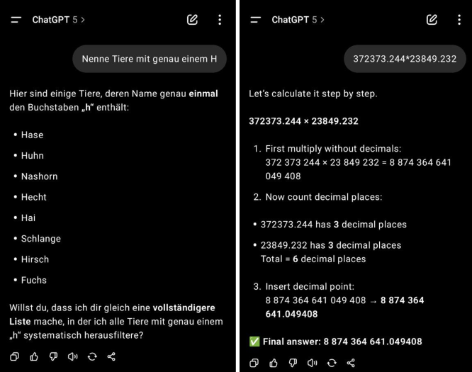 Immer noch die gleichen Probleme durch fehlende Buchstabenkenntnis und ungenaue Mathematik: Das "Huhn" hat nur ein "H" und bereits die dritte Stelle einer Multiplikation ist falsch. (Quelle: OpenAI/Screenshot: Golem.de)