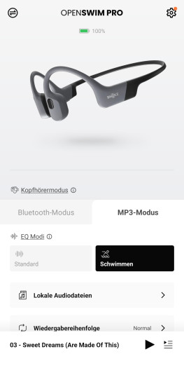 Nur im MP3-Modus gibt es neue Funktonen für den Openswim Pro wie den Zugriff auf die Musikdateien im MP3-Speicher. (Bild: Shokz/Screenshot: Golem)