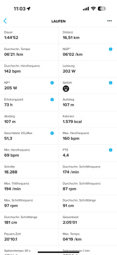 Die Liste mit den Daten geht unten noch weiter - hier liefert die Race 2 vor allem für Läufer sehr viel an Analyse. (Bild: Suunto / Screenshot: Golem)