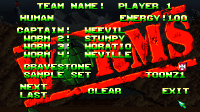 Im Mini-Editor können die Teams angepasst werden. Neben den Namen legt man auch die Art der Grabsteine sowie die Sprachsamples der Würmer fest. (Bild: Team 17 / Screenshot: Medienagentur Plassma / Olaf Bleich)