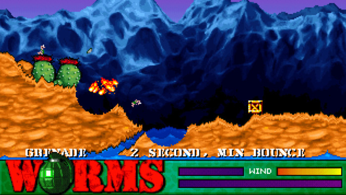 Die Umgebungsobjekte sind komplett zerstörbar. Waffen wie Bazookas, Granaten oder Dynamit reißen verschieden große Löcher ins Inventar. (Bild: Team 17 / Screenshot: Medienagentur Plassma / Olaf Bleich)