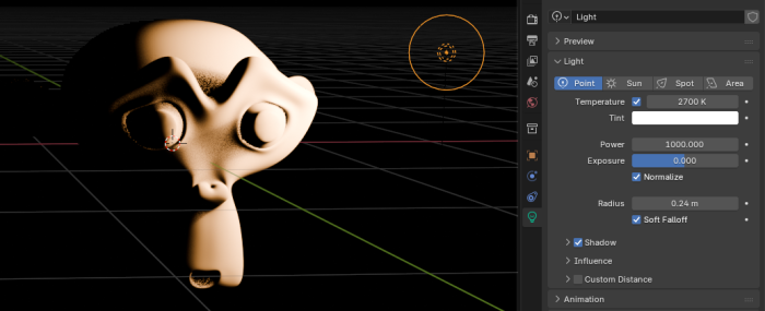 Suzanne, das Maskottchen von Blender, von einer Lichtquelle mit der Farbtemperatur 2.700 Kelvin beleuchtet (Screenshot: Gottfried Hofmann)