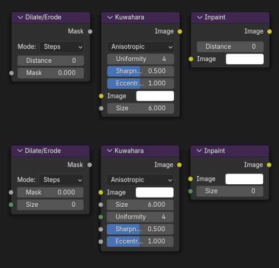 Die Werte der meisten Node-Parameter können jetzt von außen über Sockets gesteuert werden; oben Blender 4.4, unten Blender 4.5. (Bild: Blender.org)