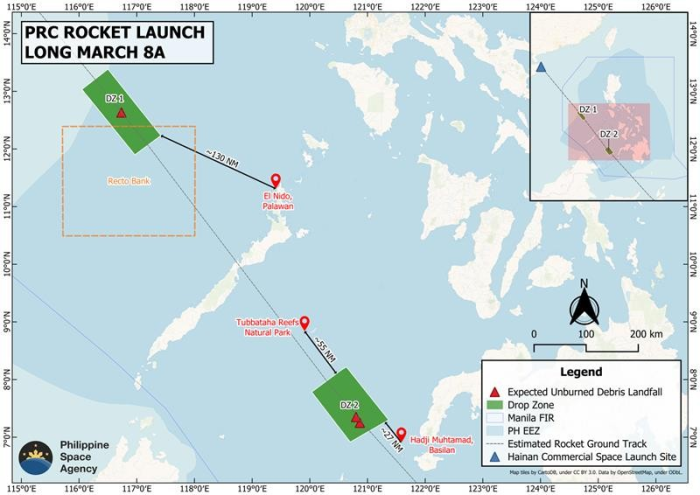 Grafik der Abwurfzone der Trümmerteile der chinesischen Rakete Langer Marsch 8A (Quelle: Philsa).