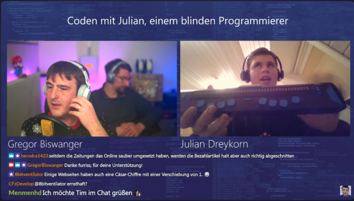 MyCodingZone: die Show mit dem blinden Programmierer Juliane war ein Highlight für Georg Biswanger (Screenshot: Georg Biswanger)