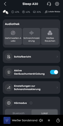 Die Soundcore-App bietet viele Einstellungen für die Sleep A30. (Bild: Anker/Screenshot: Golem.de)