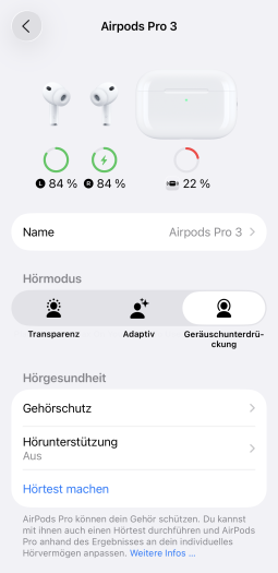 Bei den Airpods Pro 3 lassen sich ANC- und Transparenzmodus standardmäßig nicht mehr abschalten, wir müssen dafür erst die Option Hörmodus aktivieren. (Bild: Apple/Screenshot: Golem)