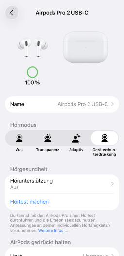 Bei den Airpods Pro 2 lässt sich der ANC- und Transparenzbetrieb noch abschalten, ohne das erst aktivieren zu müssen. (Bild: Apple/Screenshot: Golem)