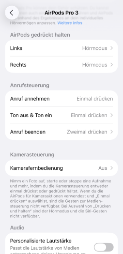 Nur ausgewählte Funktionen für die Airpods Pro 3 lassen sich in den Einstellungen ändern. (Bild: Apple/Screenshot: Golem)