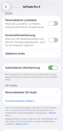Die Ohrerkennung der Airpods Pro 3 ist enttäuschend. (Bild: Apple/Screenshot: Golem)