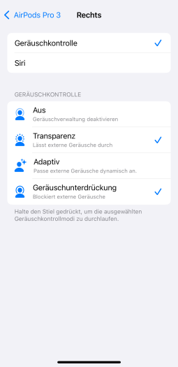 Die Tastenbelegung der Airpods Pro 3 gilt unsinnigerweise immer für beide Stöpselseiten, obwohl es zwei Einträge gibt. (Bild: Apple/Screenshot: Golem)