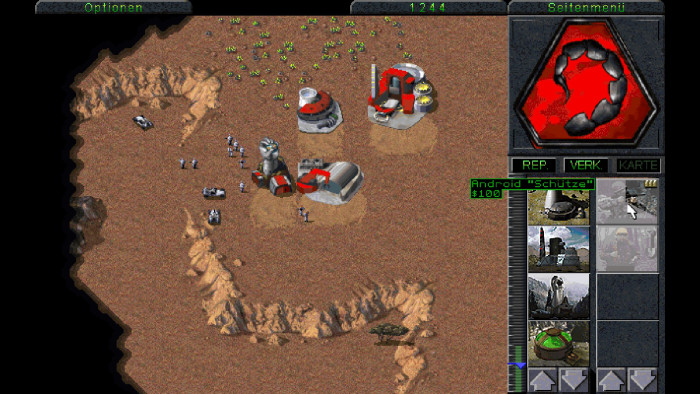 Viel besser als Westwoods Dune 2: Über das Baumenü rechts können Gebäude und Einheiten sofort gebaut werden. (Bild: EA / Westwood Studios / Screenshot: Medienagentur Plassma)
