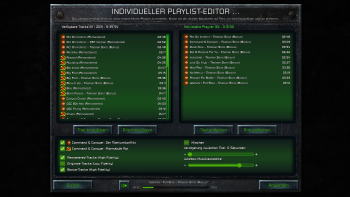 Die Jukebox verfügt über insgesamt 203 Tracks aus dem ersten C and C und Alarmstufe Rot. Klammert man die Low-Fidelity-Fassungen der Originale aus, sind es immer noch beachtliche 111 Remastered-Musikstücke. (Bild: EA / Petroglyph / Lemon Sky Studios / Screenshot: Medienagentur Plassma)