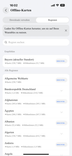 Karten können wir in kleinen oder großen Portionen herunterladen, um sie offline zu verwenden. (Bild: Huawei / Screenshot: Golem)