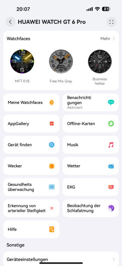 Das Optionenmenü der Watch GT 6 Pro (Bild: Huawei / Screenshot: Golem)
