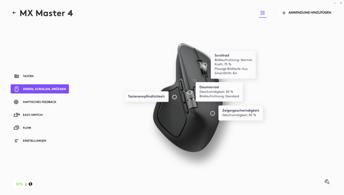 In der Logitech-Software Options+ lässt sich die MX Master 4 anpassen. (Bild: Logitech/Screenshot: Golem)