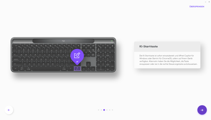 Die rechte Strg-Taste ist bei der Signature Slim Solar+ K980 zum Aufruf von KI-Tools gedacht. (Bild: Logitech/Screenshot: Golem.de)