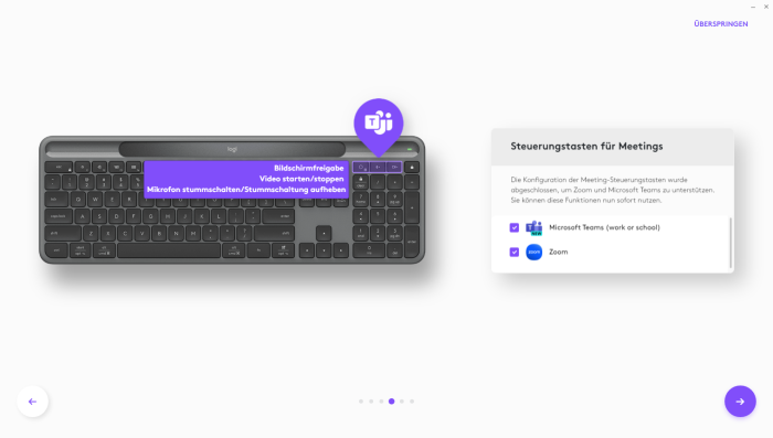Steuerungstasten für Meetings an einer Stelle bei der Signature Slim Solar+ K980 (Bild: Logitech/Screenshot: Golem.de)