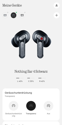 Die Nothing-X-App für die Ear 4 zeigt den Ladestand für das Etui und die Stöpsel in Fünfer-Schritten an. (Bild: Nothing/Screenshot: Golem.de)