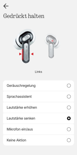 Diese Änderungen sind bei Tastenbelegung der Ear 4 möglich. (Bild: Nothing/Screenshot: Golem.de)