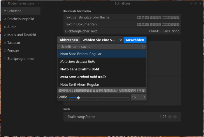 Das grafische Tool Gnome-Tweaks mit den Einstellungen Text in der Benutzeroberfläche und Text in Dokumenten. Es wurden die Werte 16 und 18 gesetzt. (Screenshot: Philipp Last)