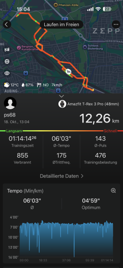 Die Detailansicht eines aufgezeichneten Laufs. (Bild: Amazfit/Screenshot: Golem)