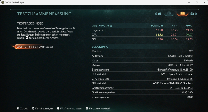 Hier die Ergebnisse des Benchmarks von Doom - The Dark Ages, alles mit den Default-Werten. (Bild: Microsoft/Screenshot: Golem)