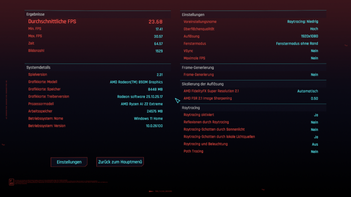 Und hier die Ergebnisse von Cyberpunk 2077. (Bild: CD Projekt Red / Screenshot: Golem)
