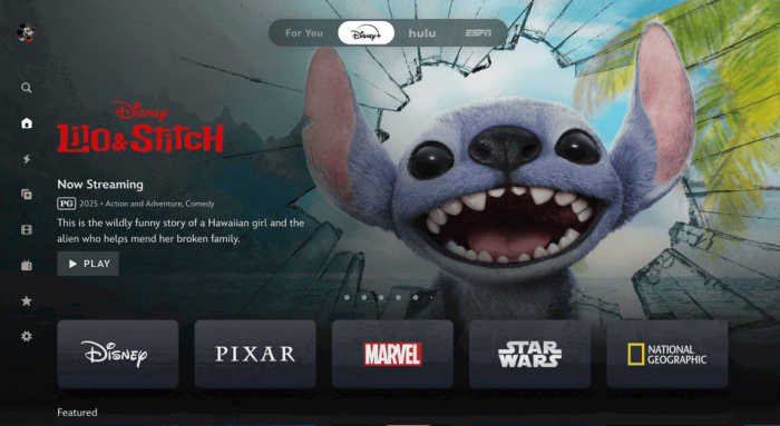 So sieht die neue Oberfläche von Disney+ aus - den Bereich für Hulu und ESPN wird es in Deutschland wohl so nicht geben. (Bild: Disney)