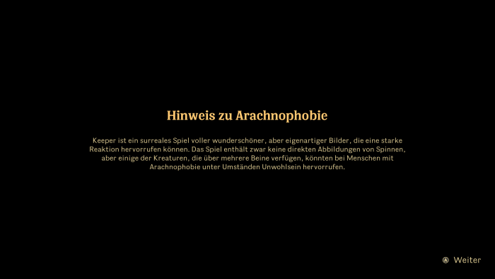 Vor Spielstart gibt es eine Spinnen-Warnung. (Bild: Microsoft / Screenshot: Golem)