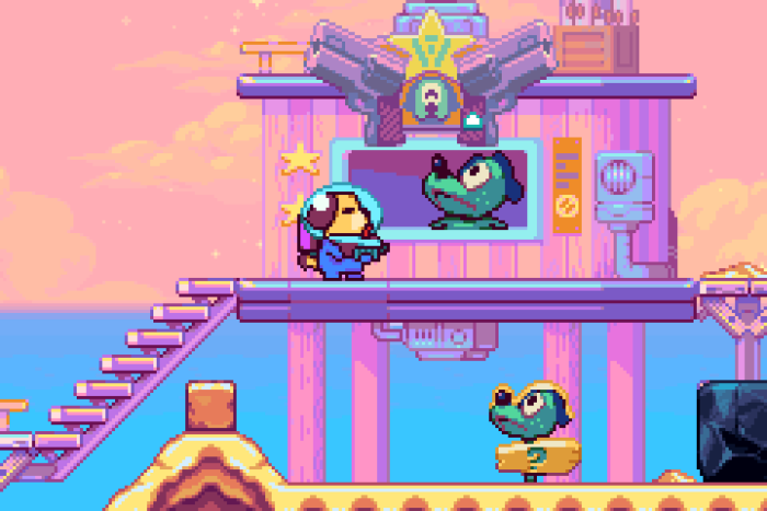 In dem modernen Game-Boy-Advance-Spiel Goodboy Galaxy rettet ein charmant animierter Pixelhund mit Raumanzug seine Heimatwelt und lernt dabei mehr als 50 verschiedene Charaktere kennen. (Bild: Goodboy Galaxy Limited)