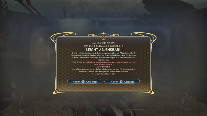 Erst im Spielverlauf können wir dieses Extra aktivieren - oder es ablehnen. Das geht aber nur einmal, wir müssen uns also entscheiden. (Bild: Obsidian / Screenshot: Golem)