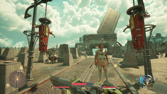 Mit einer computergesteuerten Begleiterin erkunden wir einen Roboter-Friedhof. (Bild: Obsidian / Screenshot: Golem)