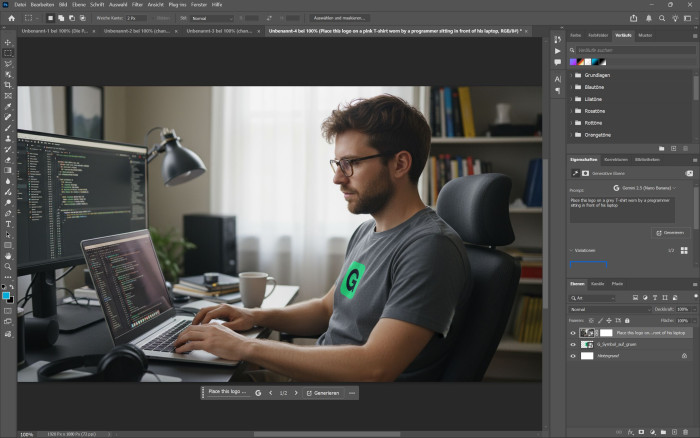 Die Ausgangslage hier war ein Logo auf weißem Grund. Das Prompt bat um einen Programmierer vor seinem Laptop im Büro. (Bildgenerierung: Martin Wolf/Golem.de)
