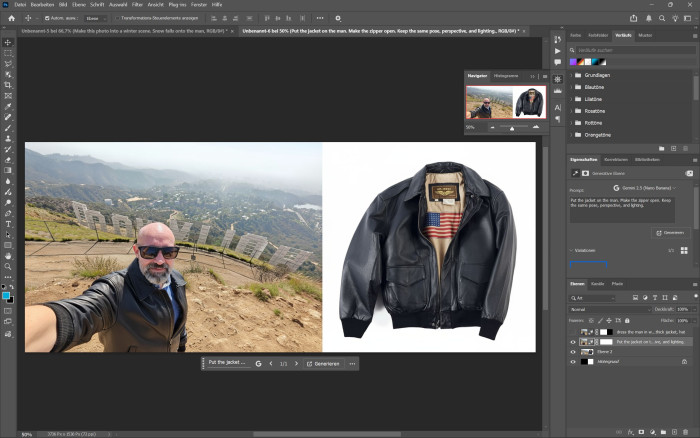 Eigentlich nicht vorgesehen: existierende Motive zusammenzufügen. Mit einer solchen Vorlage und der Aufforderung, die Jacke auf den Mann zu bringen, geht es aber dennoch. (Bildgenerierung: Martin Wolf/Golem.de)