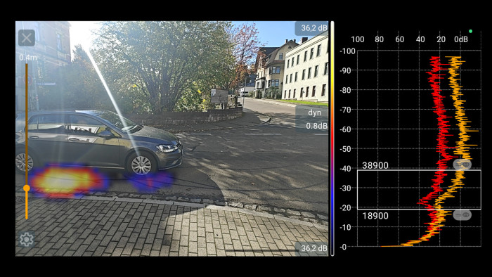 Ein vorbeifahrendes Auto ist auch per Soundcam gut sichtbar. (Quelle: Soundcam Go/Screenshot Golem)