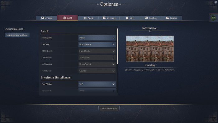 Im PC-Grafikmenü können wir auch Upscaler aktivieren. (Bild: Ubisoft / Screenshot: Golem)