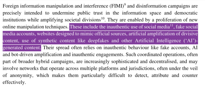 Ausriss des Vorhabensberichts der EU-Kommission zum Vorgehen gegen Desinformationskampagnen. Die hier gelisteten Manipulationsmethoden können samt und sonders von KI-Agenten umgesetzt werden. (Screenshot: Erich Moechel)