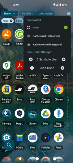 Octopi Launcher: Diese Anpassungen sind im App-Drawer möglich. (Bild: OctopiAppFactory/Screenshot: Golem)