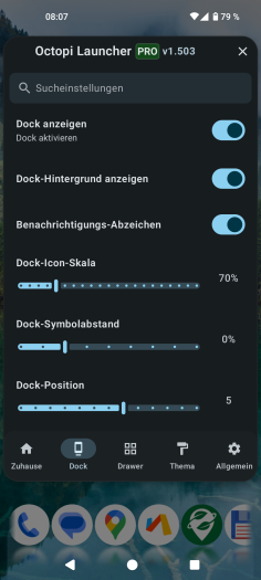 Diese Einstellungen gibt es im Octopi Launcher für das Dock. (Bild: OctopiAppFactory/Screenshot: Golem)