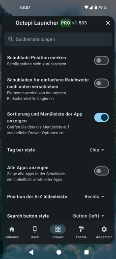 Diese Einstellungen gibt es im Octopi Launcher für den App-Drawer. (Bild: OctopiAppFactory/Screenshot: Golem)