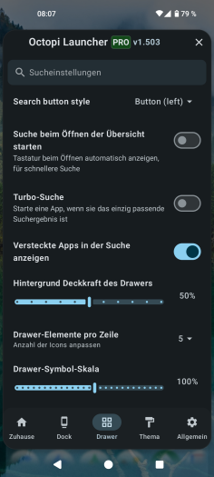 Diese Einstellungen gibt es im Octopi Launcher für den App-Drawer. (Bild: OctopiAppFactory/Screenshot: Golem)