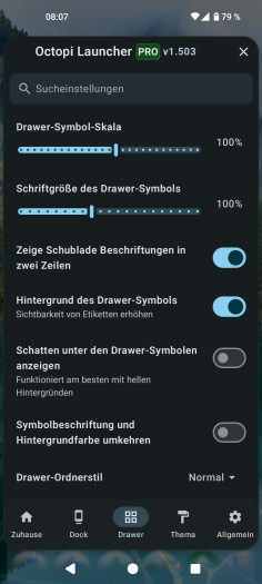 Diese Einstellungen gibt es im Octopi Launcher für den App-Drawer. (Bild: OctopiAppFactory/Screenshot: Golem)