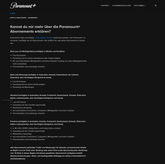 Auch in diesem Support-Artikel nennt Paramount keinen Preis für Paramount+. (Bild: Paramount/Screenshot: Golem)