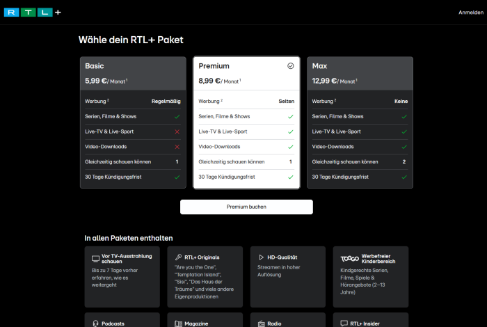 Nirgendwo erfahren Kunden von RTL+ Premium, dass "seltene" Werbung bedeutet, dass es Werbung mitten in Filmen und Serien gibt. (Bild: RTL/Screenshot: Golem)