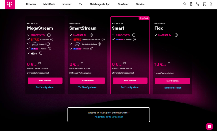 Bei der Deutschen Telekom gibt es keinen Hinweis dazu, dass das Abo RTL+ Premium Werbung zeigt - und zwar mitten in Filmen und Serien. (Bild: Deutsche Telekom/Screenshot: Golem)
