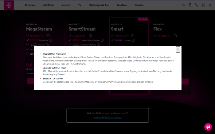 Bei der Deutschen Telekom gibt es keinen Hinweis dazu, dass das Abo RTL+ Premium Werbung zeigt - und zwar mitten in Filmen und Serien. (Bild: Deutsche Telekom/Screenshot: Golem)