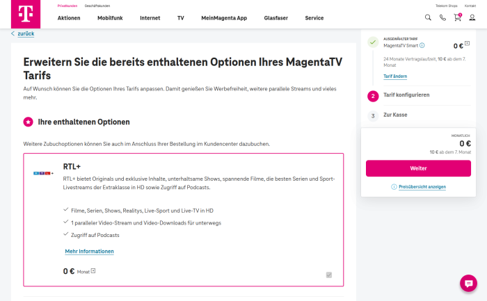 Bei der Deutschen Telekom gibt es keinen Hinweis dazu, dass das Abo RTL+ Premium Werbung zeigt - und zwar mitten in Filmen und Serien. (Bild: Deutsche Telekom/Screenshot: Golem)