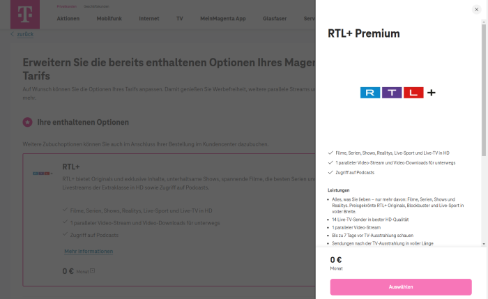 Bei der Deutschen Telekom gibt es keinen Hinweis dazu, dass das Abo RTL+ Premium Werbung zeigt - und zwar mitten in Filmen und Serien. (Bild: Deutsche Telekom/Screenshot: Golem)
